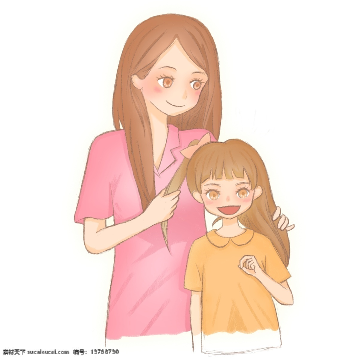 温馨 女儿 扎 头发 场景 手绘 场景设计 母亲节 扎头发 妈妈 小女孩 插画 人物素材