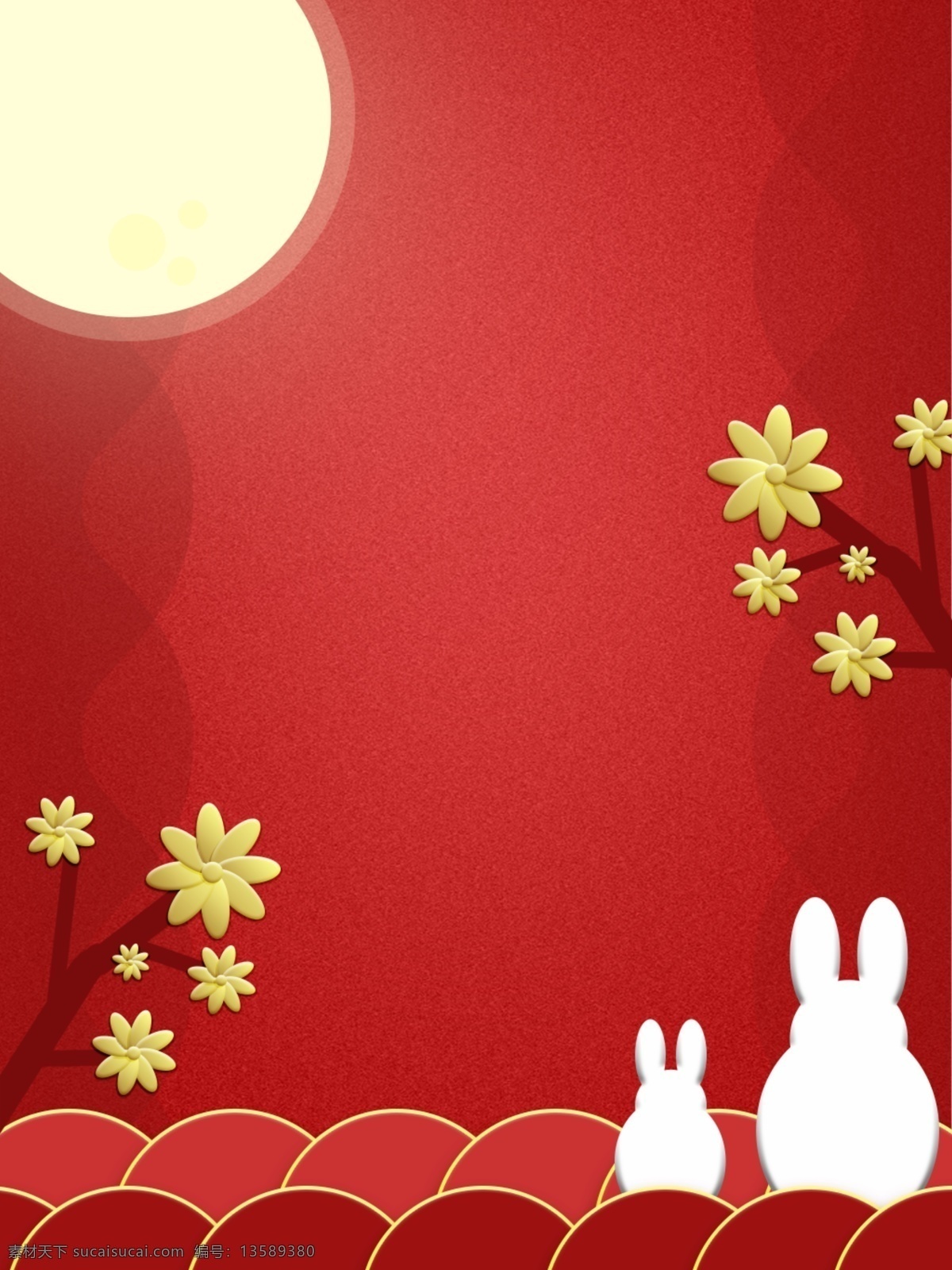 纯 原创 中国 红 微 立体 中秋节 背景 中国红 微立体 金花 花瓣 立体花朵 月亮 兔子 简约 质感 广告背景