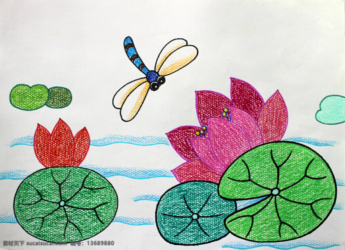 美术 绘画 儿童绘画 手绘 蜡笔画 儿童画 蜻蜓 荷花 书法绘画类 文化艺术 绘画书法