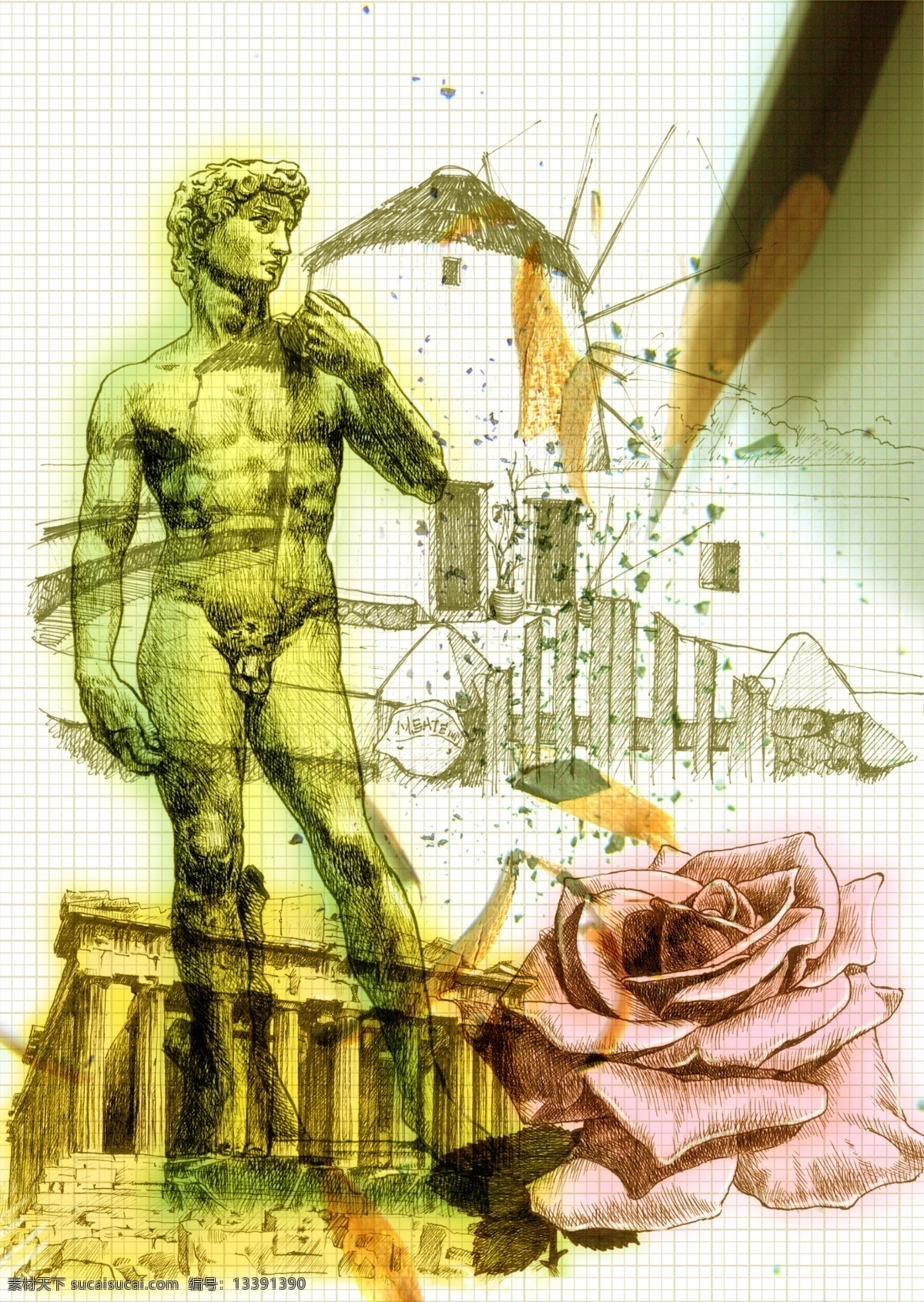 科技人物 草房 房子 绘画 绘画人物 科技 玫瑰花 男性 铅笔 人物 绘画图 psd源文件