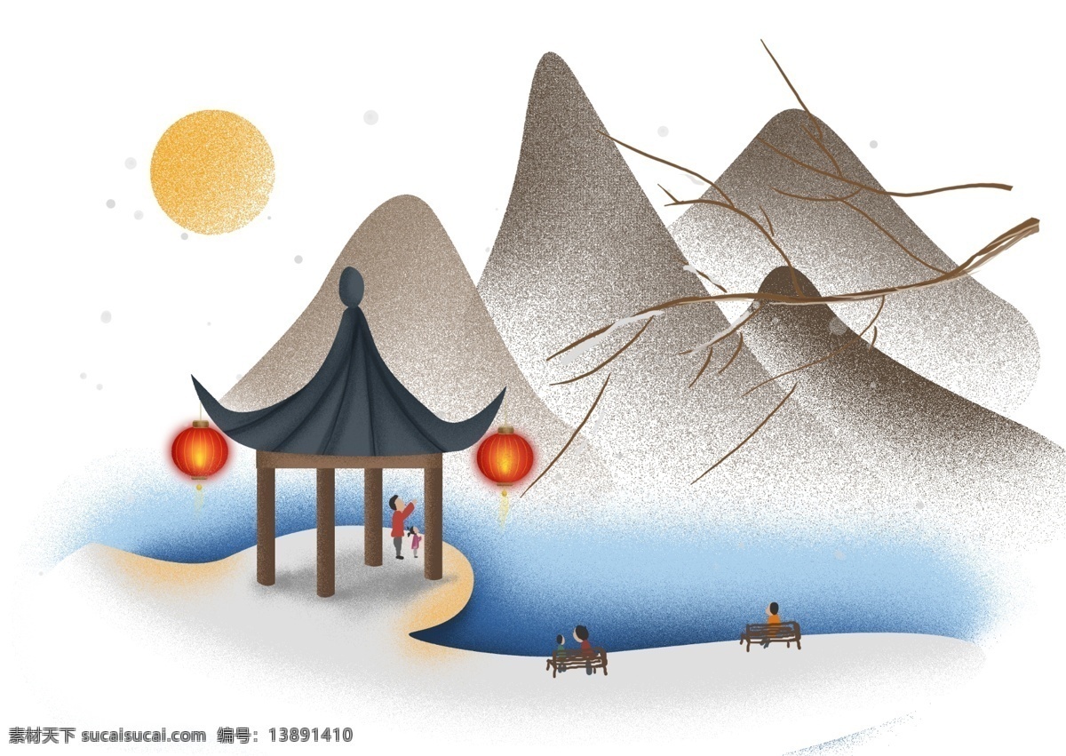 中国 风 新年 公园 人 中国风 古风 中国建筑 古典园林 湖 湖水 传统建筑 山 大山 树木 亭子 灯笼 月亮 夜色 过年 上灯