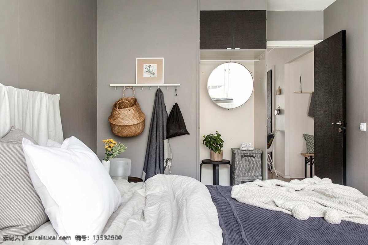 北欧 婉约 卧室 灰色 背景 墙 室内装修 效果图 黑色门 灰色背景墙 灰色床头 卧室装修