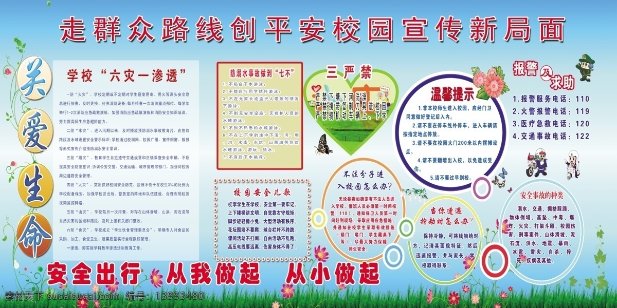 学校展板 学校 展板 平安 宣传 海报 六灾一渗透 关爱生命 温馨提示 三严禁 儿歌 校园 路线 展板模板