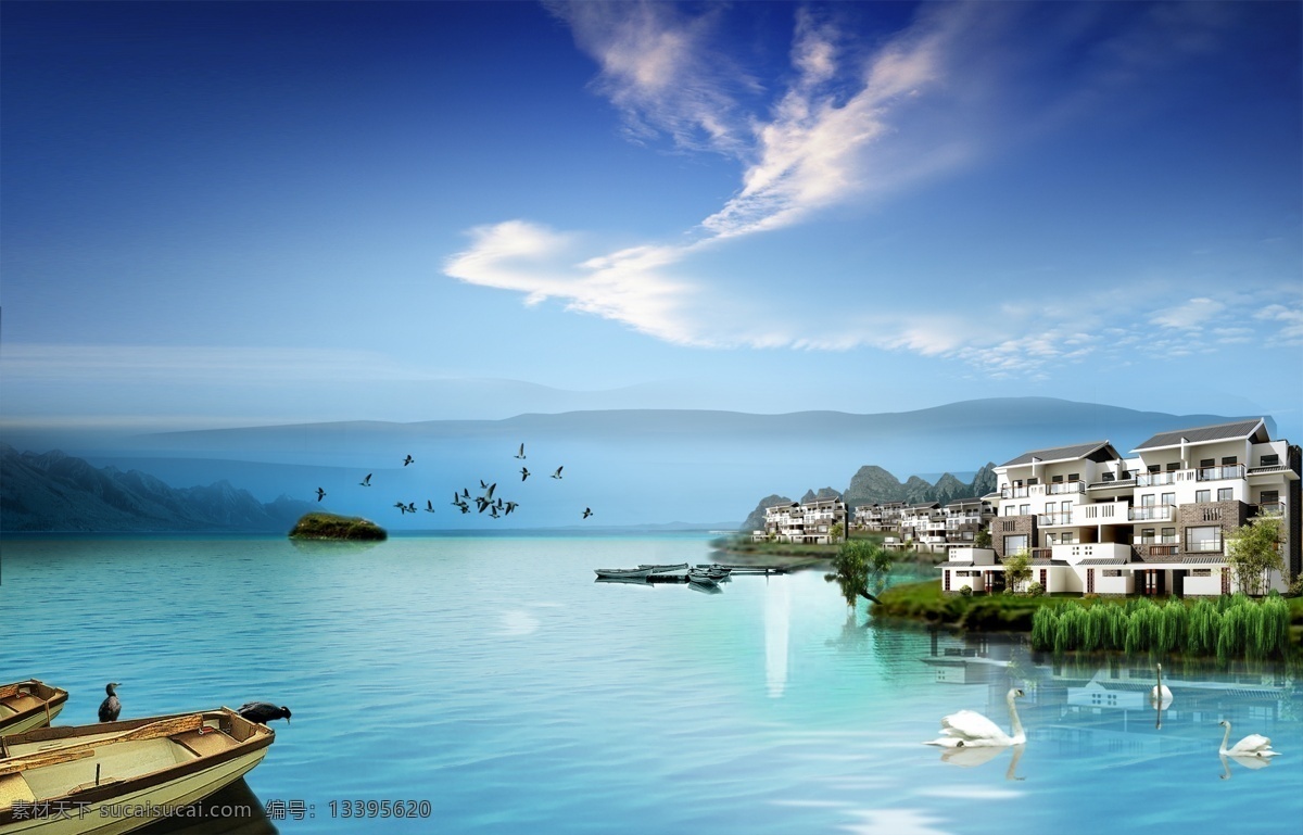 湖边 美丽 别墅