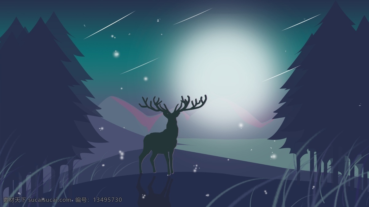 森林 鹿 手绘 插画 动物 蓝色 夜晚 小清新 唯美 森林与鹿