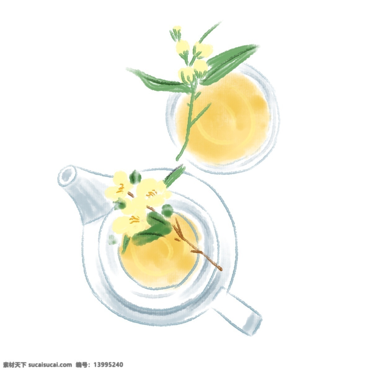 水墨 菊花 花茶 插画 茶杯 水壶 水墨茶具 绿叶 白色的茶壶 茶盅 黄色的茶水 黄色的花朵 花茶插画