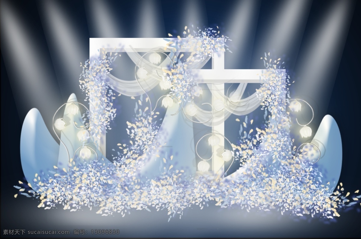 蓝色 简约 婚礼 迎宾 区 效果图 花艺 迎宾区 月牙造型 弧幔 白色铃兰灯
