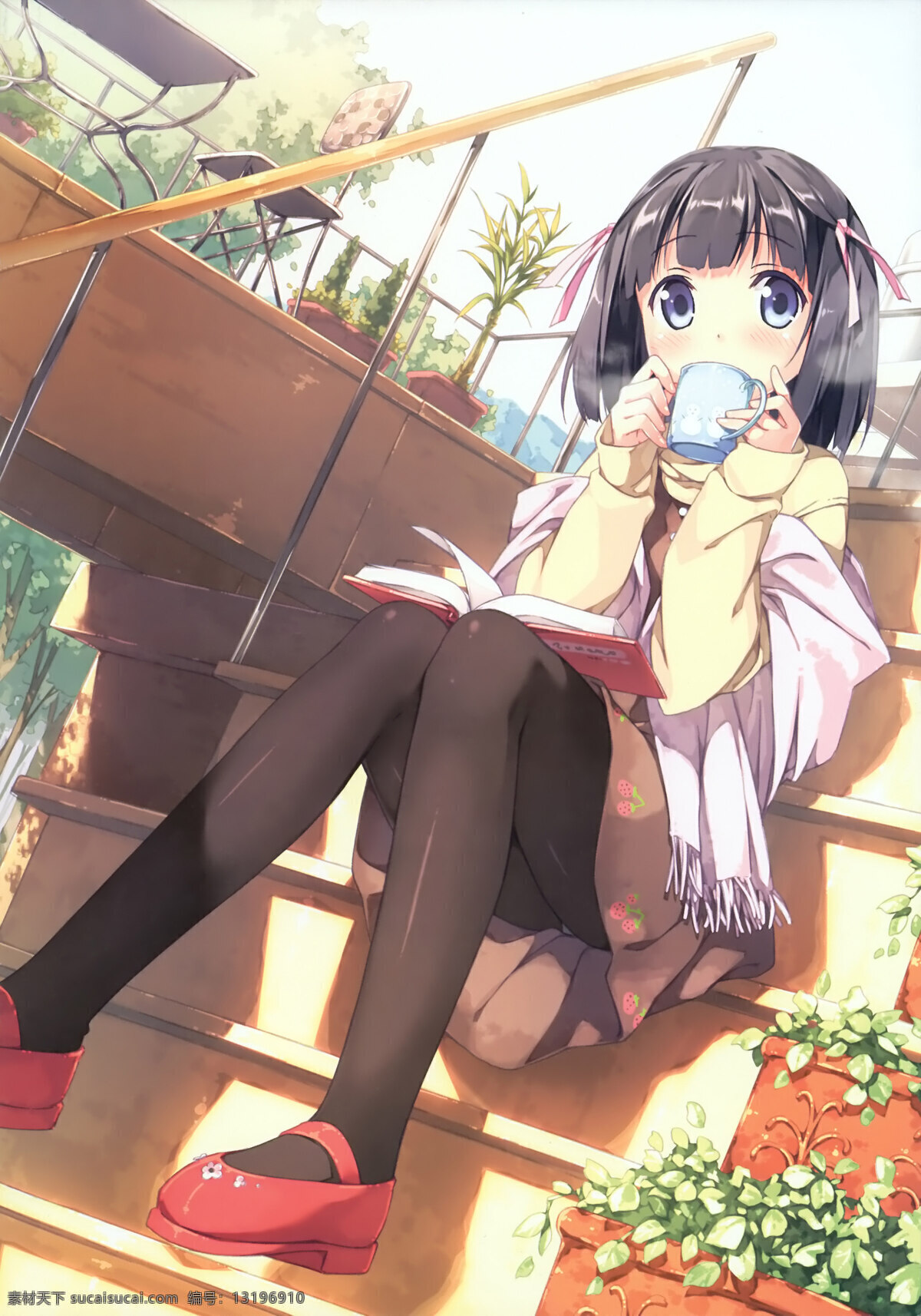 动漫 人物图片 杯子 动漫动画 动漫人物 花朵 楼梯 少女 人物 设计素材 模板下载 黑短发 矢量图 日常生活