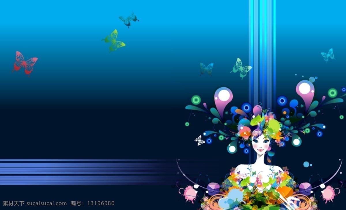 蓝色 渐变 蝴蝶 纷飞 鲜花美女 纷飞蝴蝶 深蓝色渐变 psd源文件