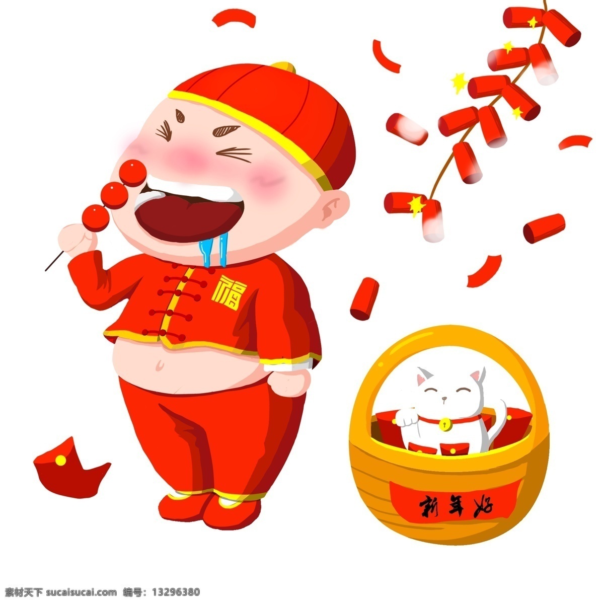 拜年 卡通 手绘 插画 糖葫芦 手绘插画 中式 复古 新年 春节 过年 烧鞭炮 招财进宝 招财猫 篮子