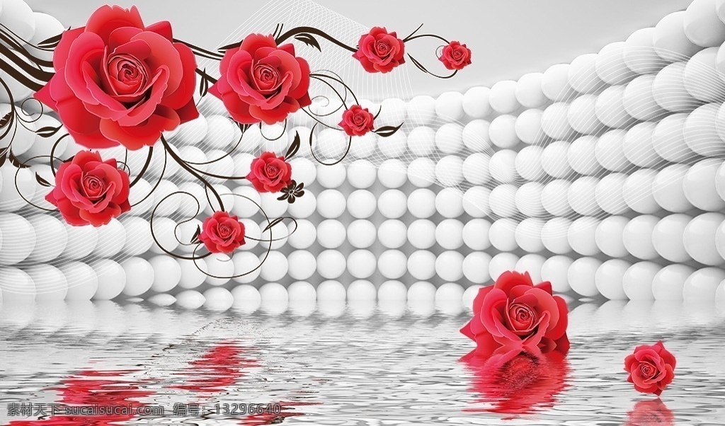 3d 空间 倒影 玫瑰 分层 弧形 水中 花卉 源文件 背景墙