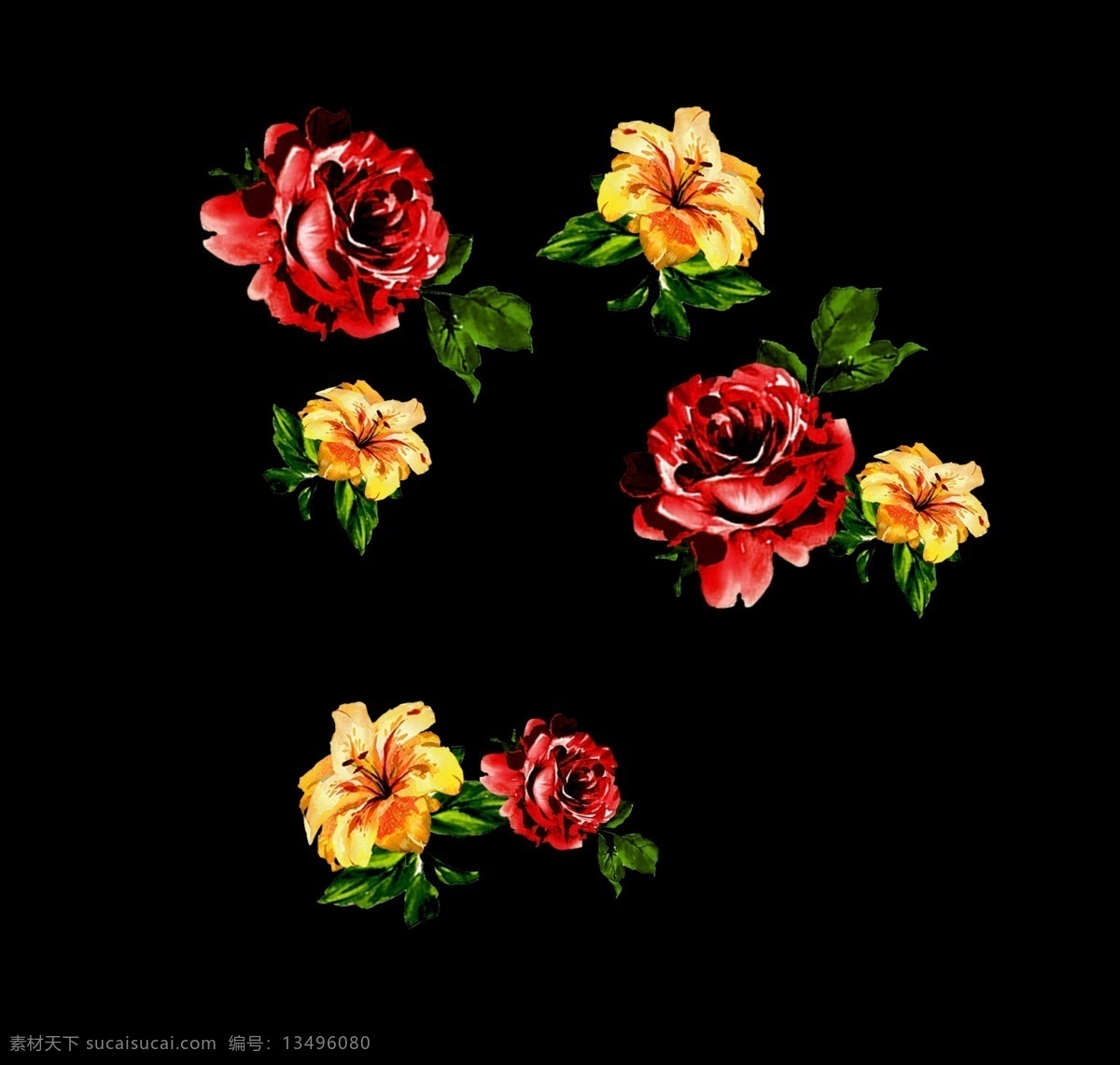 红 黑手 绘 水彩 玫瑰花 红色 黄色 结合 花型 手绘 优美优雅 复古风格 情人节花朵