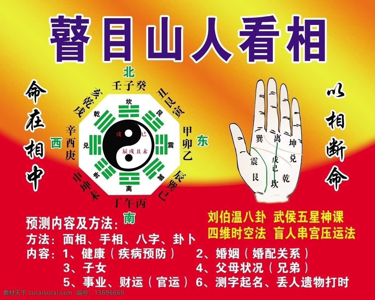 瞽目山人看相 算命广告 算命海报 太极八挂图 八挂图 横图 手相 有关算命海报