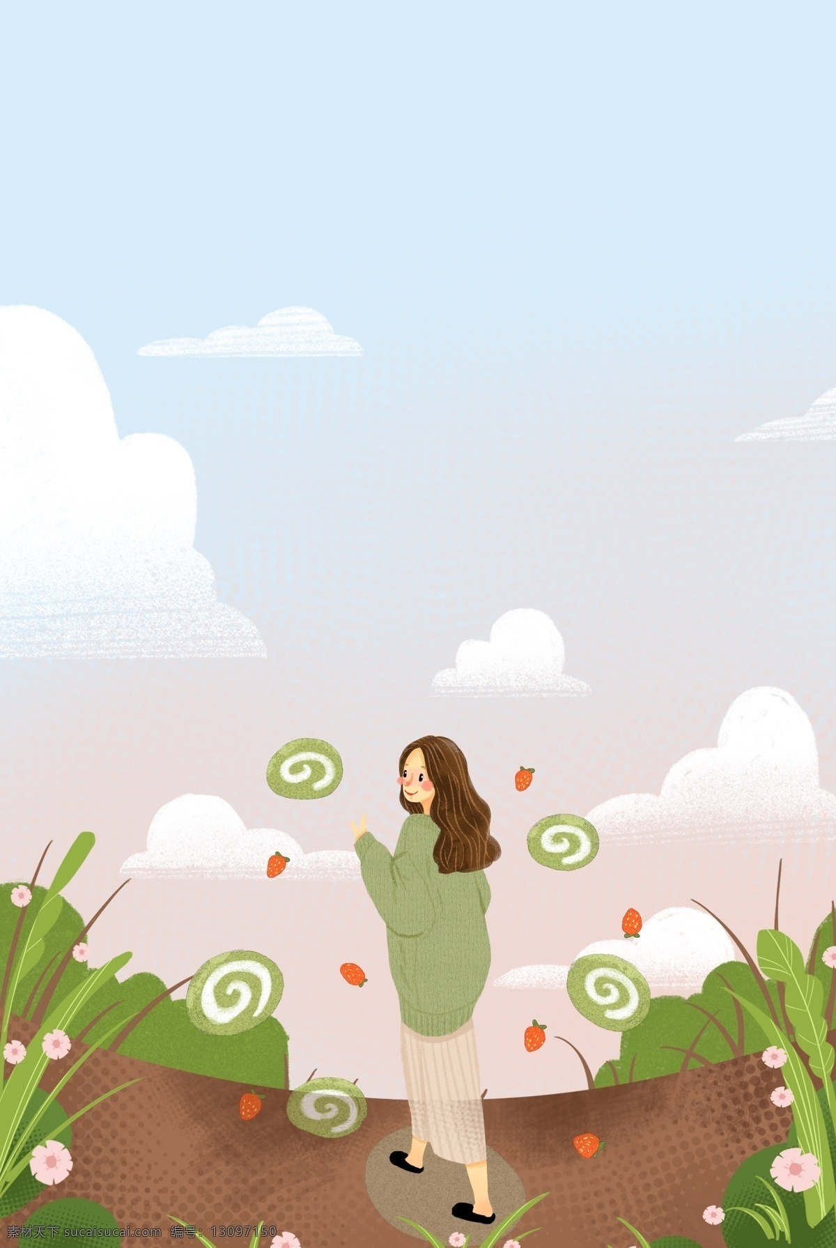 抹 茶 女孩 春日 服装 上 新 海报 春天 食物 出行 母婴 植物 插画风 促销海报