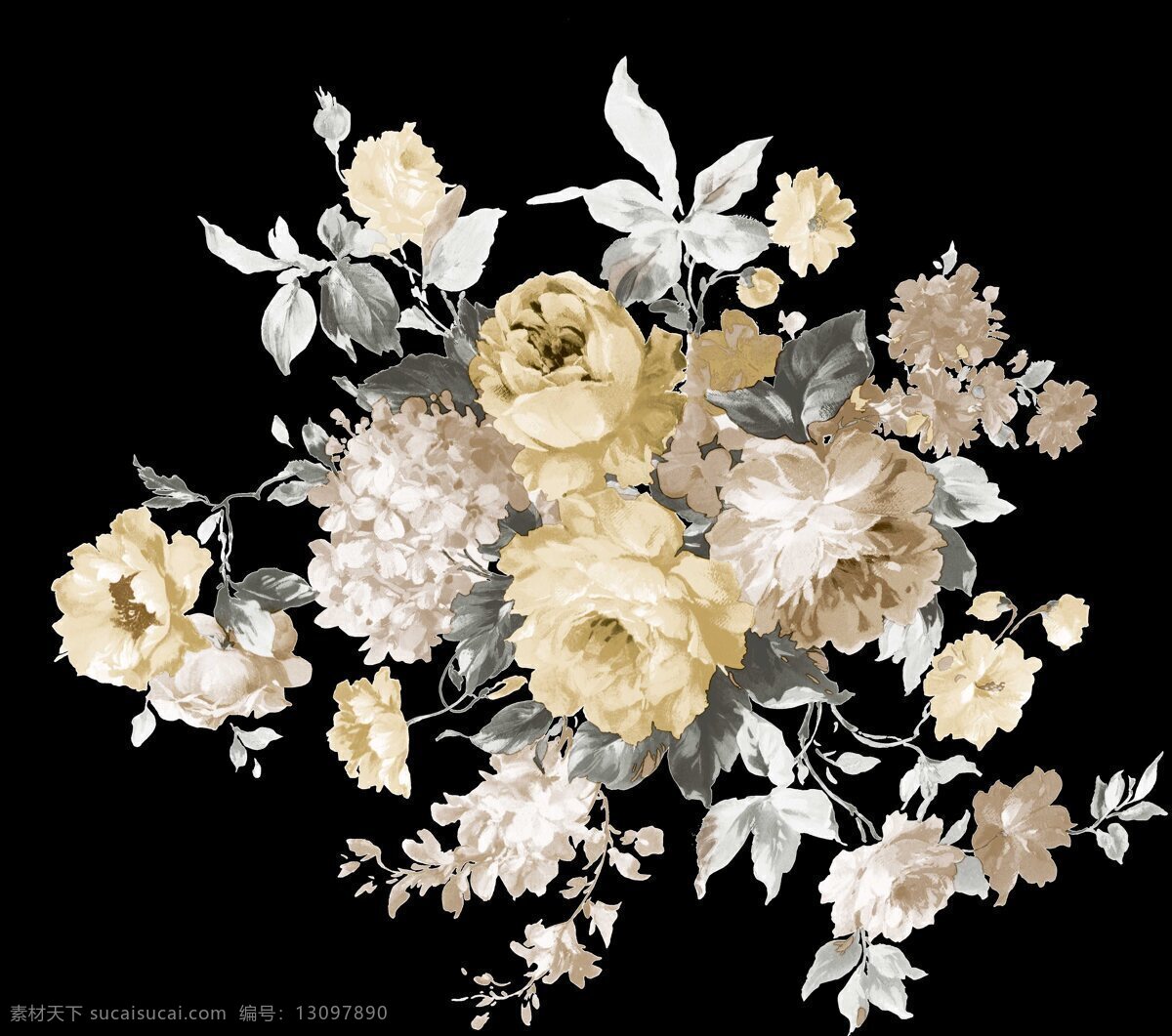 手绘花 水彩花束 黄色团花 手绘团花