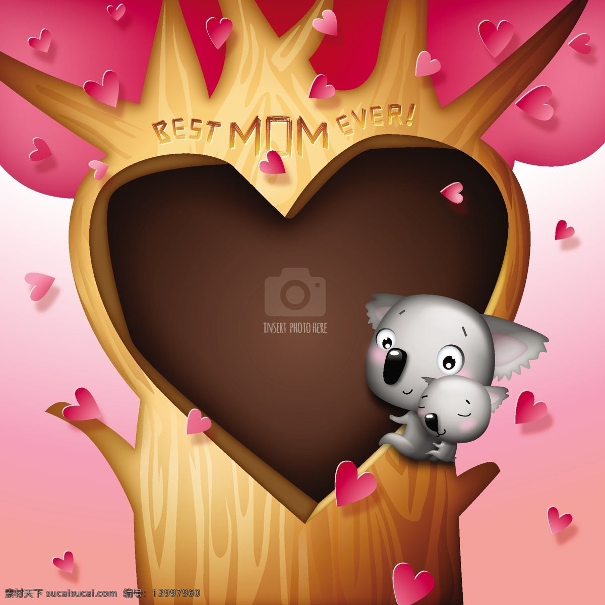 树上 心脏 考拉 家庭 模板 树 心 爱 母亲节 庆祝 母亲 妈妈 父母 天 可爱 问候 关系 五月