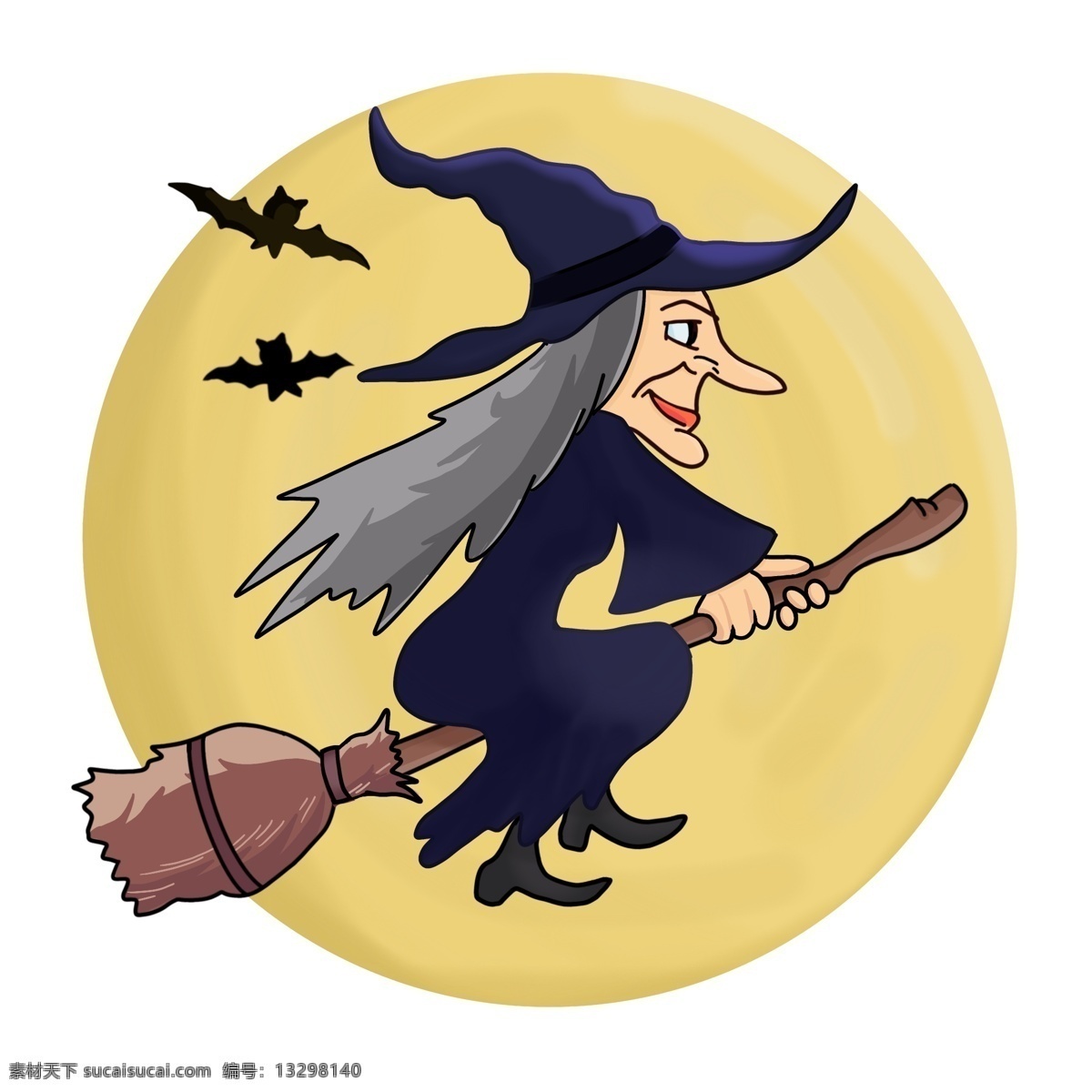 卡通 万圣节 骑 扫把 扫帚 上 女巫 月亮 蝙蝠 骑扫帚 女巫帽 装饰图案