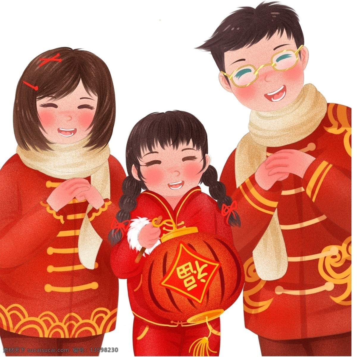 2019 猪年 春节 拜年 元素 一家三口 福字 灯笼 喜庆 简约 新年 拜年啦 手绘 元素装饰 创意元素 手绘元素 psd元素