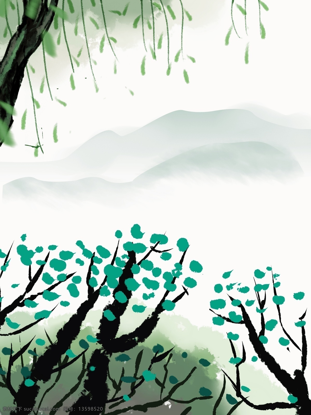 立春 绿树 清新 风格 插画 背景 绿树背景 手绘背景 植物背景 绿色背景 清新背景 小树背景 通用背景
