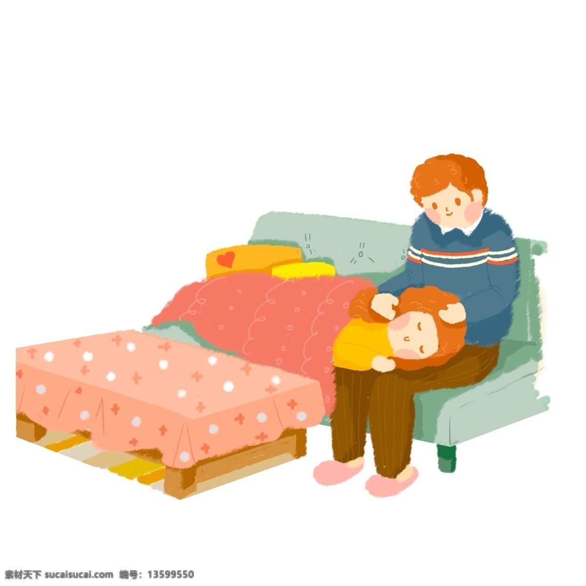 卡通 小 清新 情侣 互动 插画 温馨 睡觉 人物 沙发 居家 场景设计