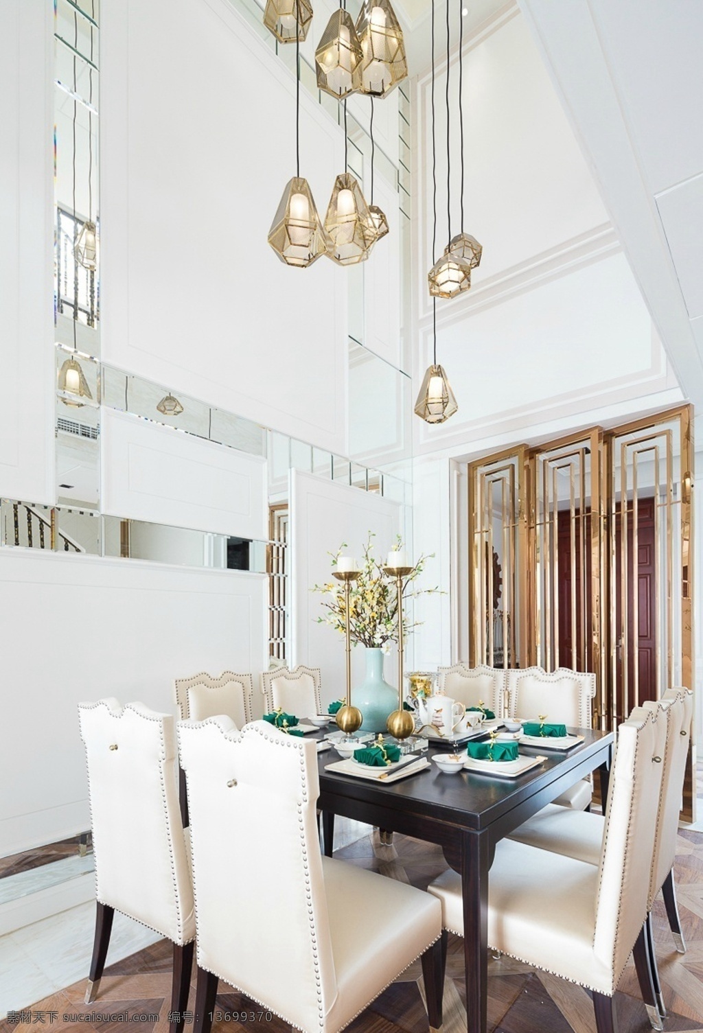 室内 餐厅 白色 餐桌 效果图 现代 简约 室内设计 调 风 家装 吊灯 餐桌椅