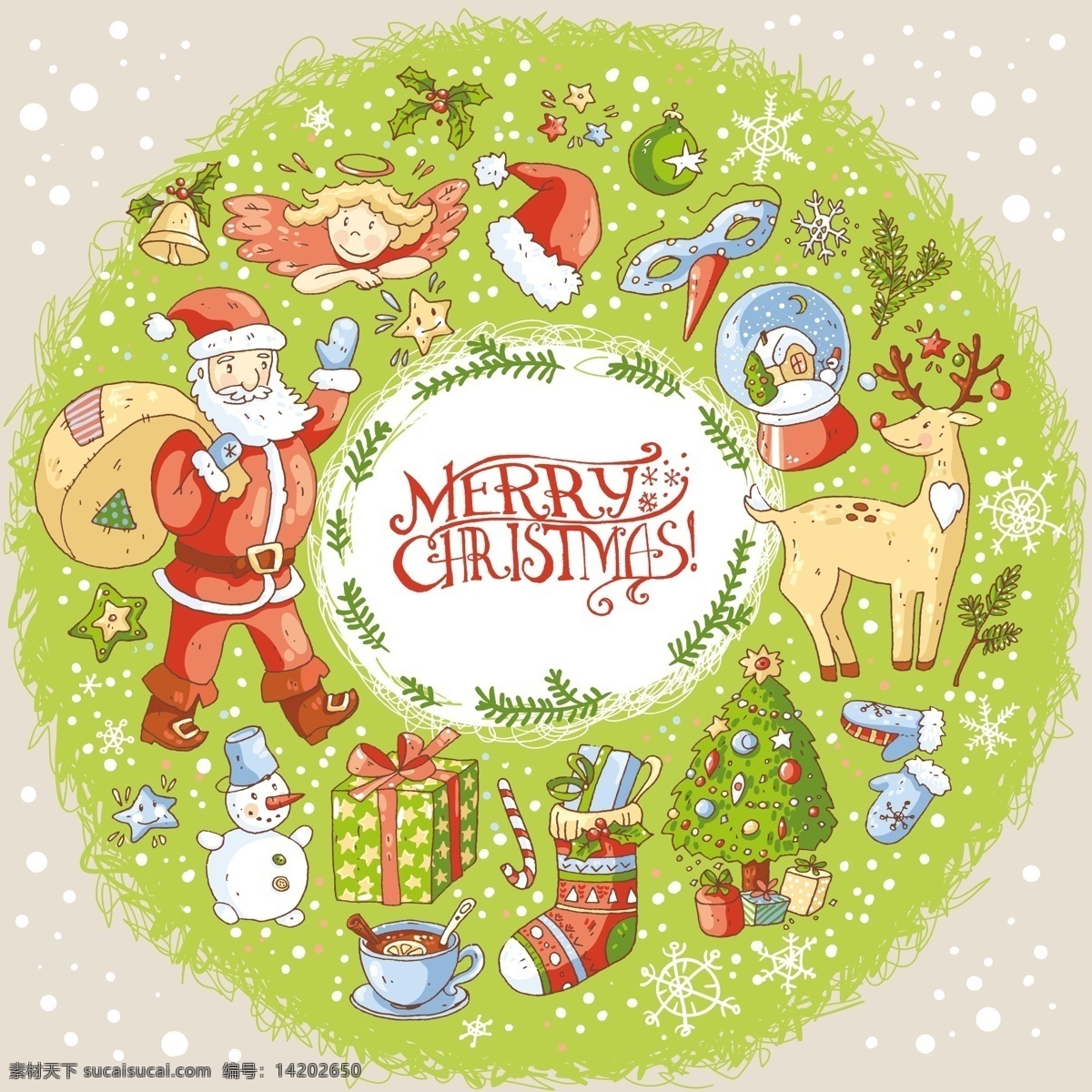 圣诞树 环 卡通 圣诞节 矢量 背景 元素 绿色 装饰 雪花 圣诞老人 帽子 雪人 卡通人物 礼物 鞋子 手套 麋鹿 节日背景 礼盒背景 平面设计