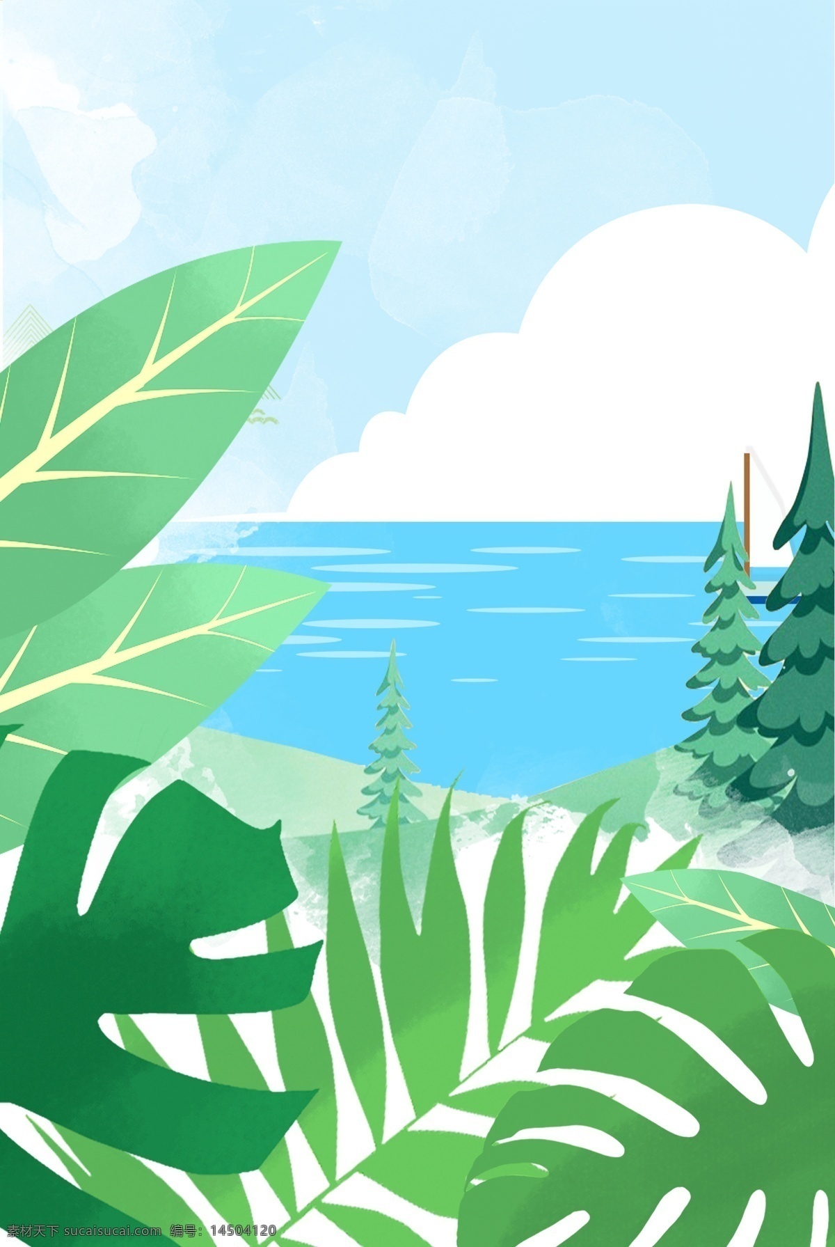 简单 沙滩 绿树 主题 背景 夏日 初夏 夏季 夏天 夏日场景 景色 美景 夏至 花卉 绿植