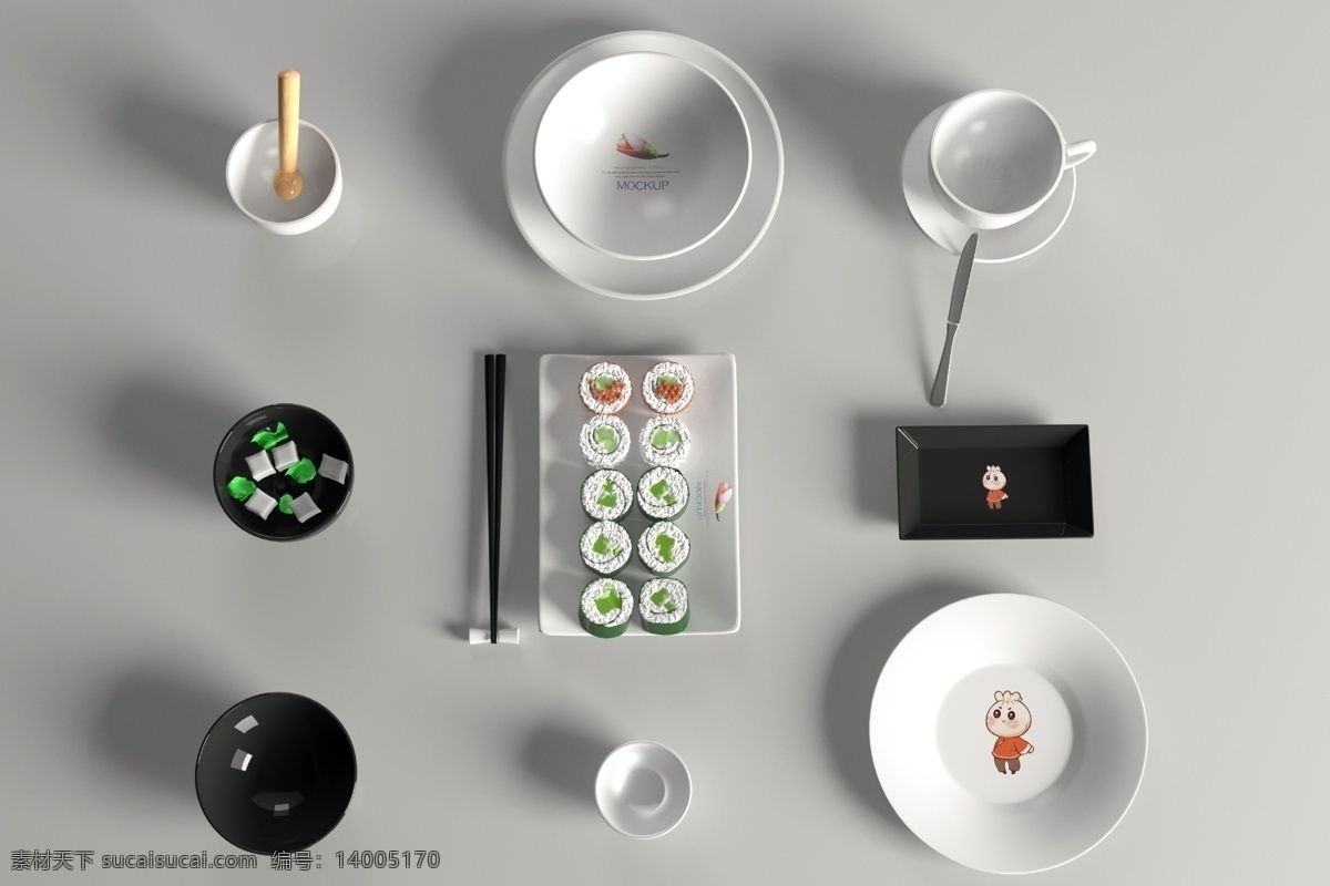 组合餐具样机 白色餐具 餐厅用品 美食 盘子 vi样机 黑色 厨具用品 餐饮厨具