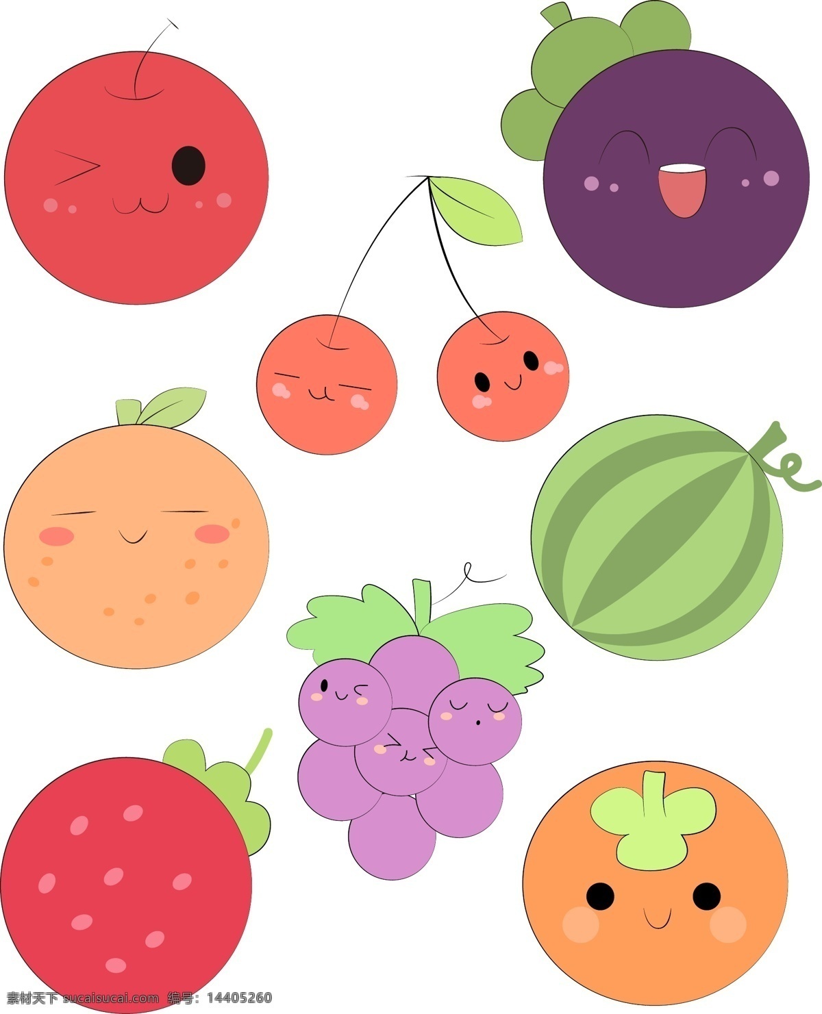 可爱 圆形 造型 水果 简 笔画 苹果 山竹 橘子 橙子 草莓 葡萄 西瓜 樱桃 简约 圆形造型 手绘 简笔画 彩色