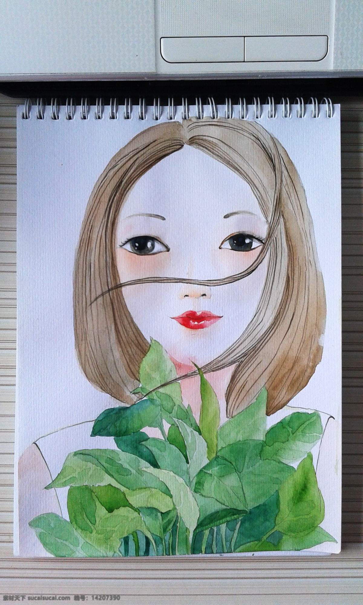 手绘 水彩 文艺女青年 绿萝 绿叶花 文化艺术 绘画书法