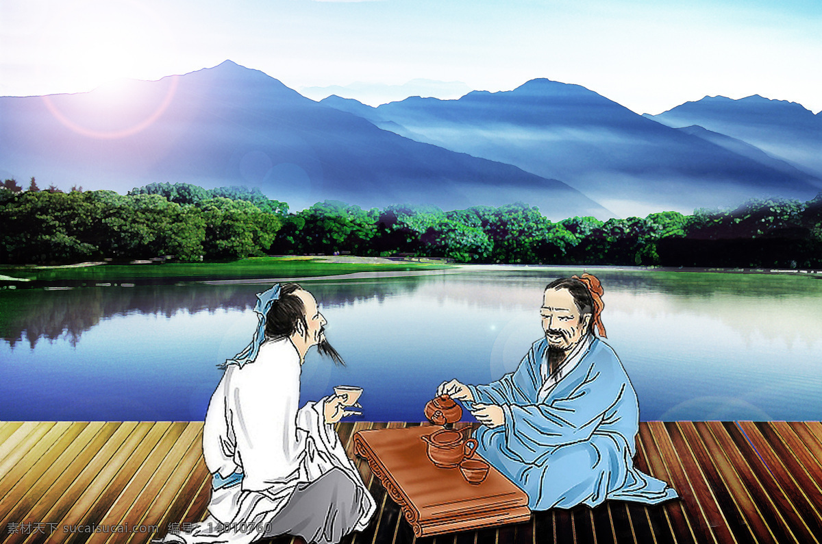 古人饮茶 湖水 古人 茶道 茶 高山 阳光 动漫人物 动漫动画