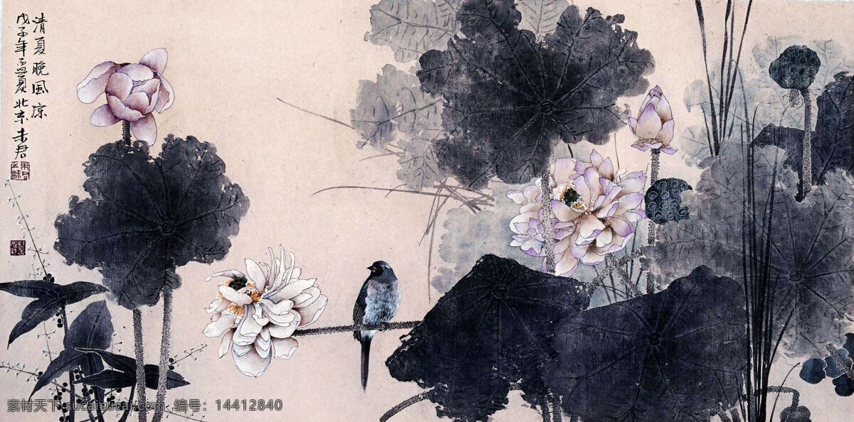 彩墨画 国画艺术 荷花 花鸟画 绘画 绘画书法 莲子 美术 清夏晚风凉 中国画 工笔重彩画 荷林 莲台 小鸟 水草 书法 印章 国画集19 文化艺术 装饰素材 雕刻 图案