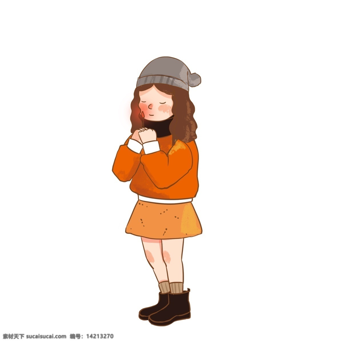 火柴 取暖 小女孩 火 帽子 温馨 卡通 可爱 温暖 卷发 裙子 努力 奋斗 暖色 扁平