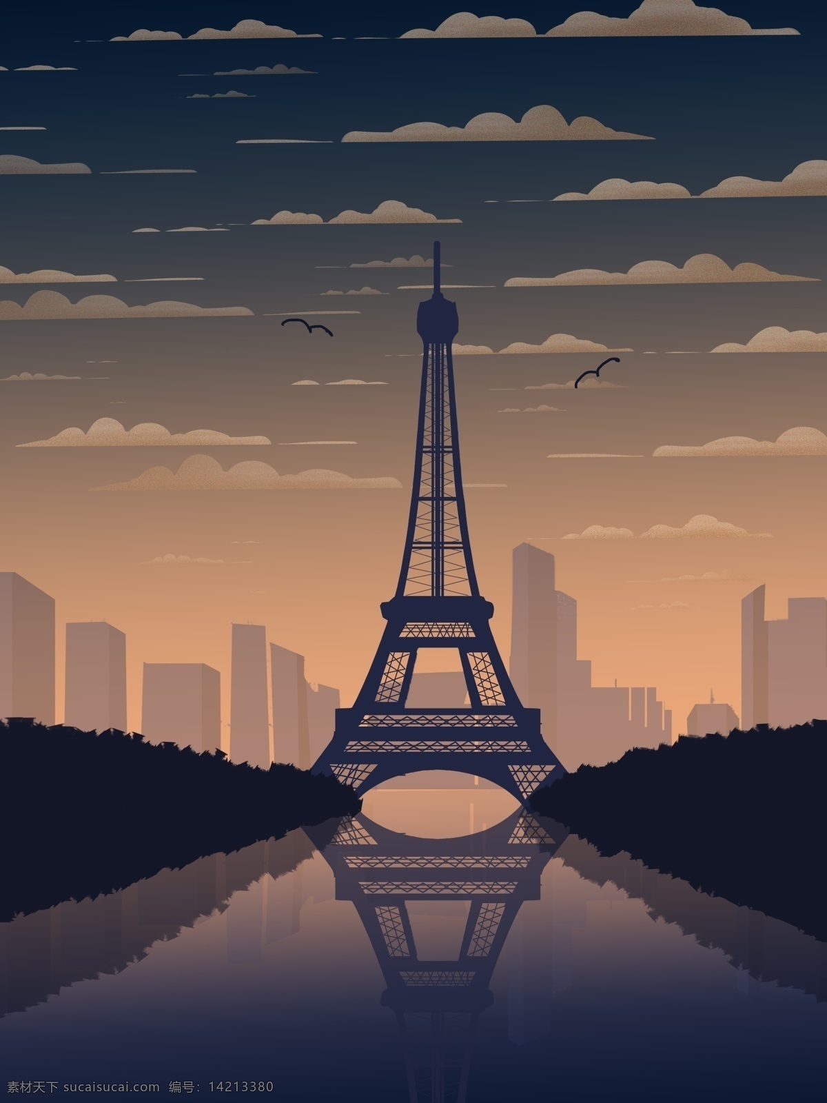 印象 法国 巴黎埃菲尔铁塔 渐变 城市 风光 埃菲尔铁塔 城市建筑 城市剪影 banner 渐变背景 浪漫之都 h5 高清壁纸 巴黎