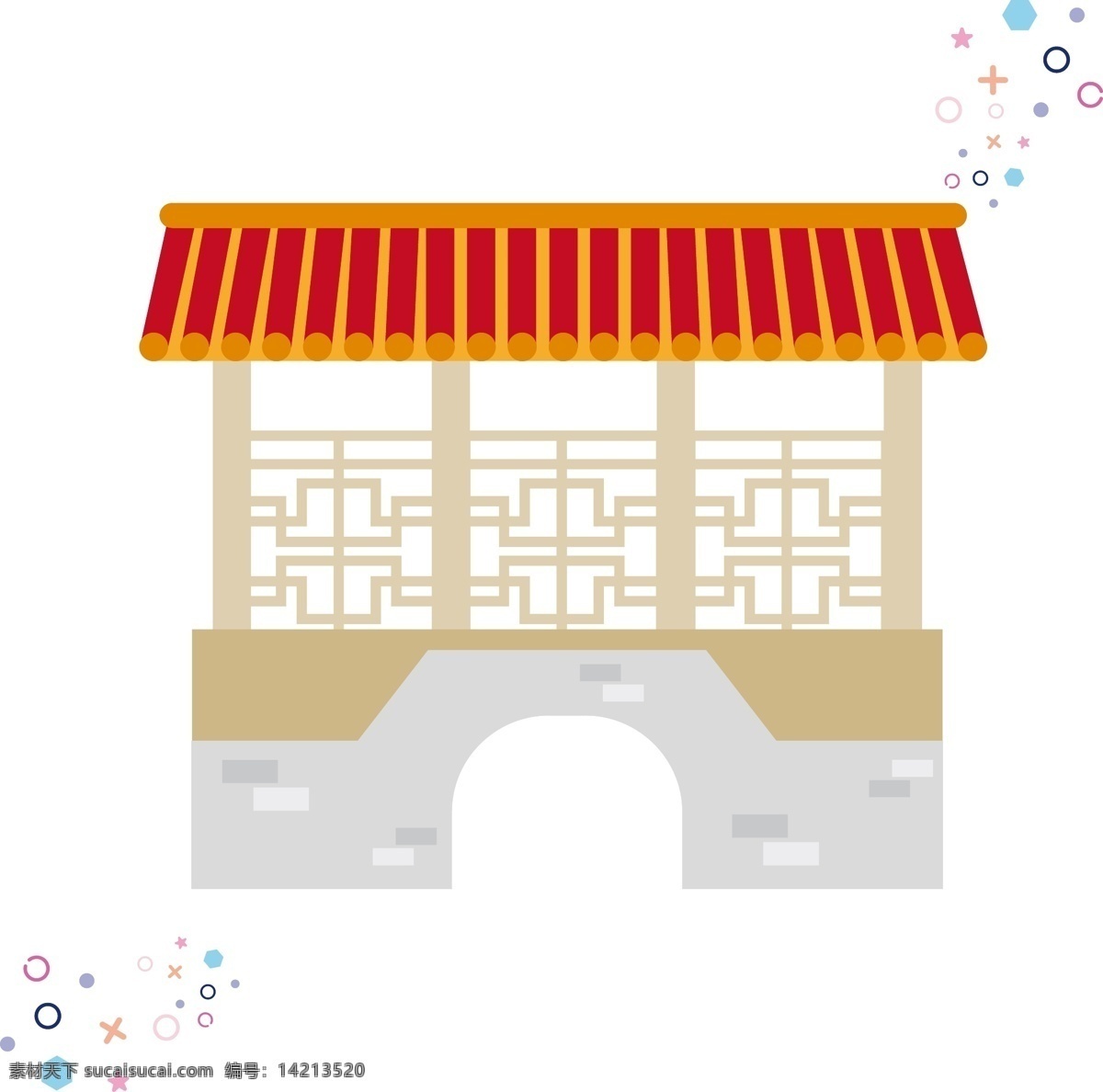 中国 古代建筑 矢量 手绘 元素 背景 套 图 古代 建筑 卡通 可爱