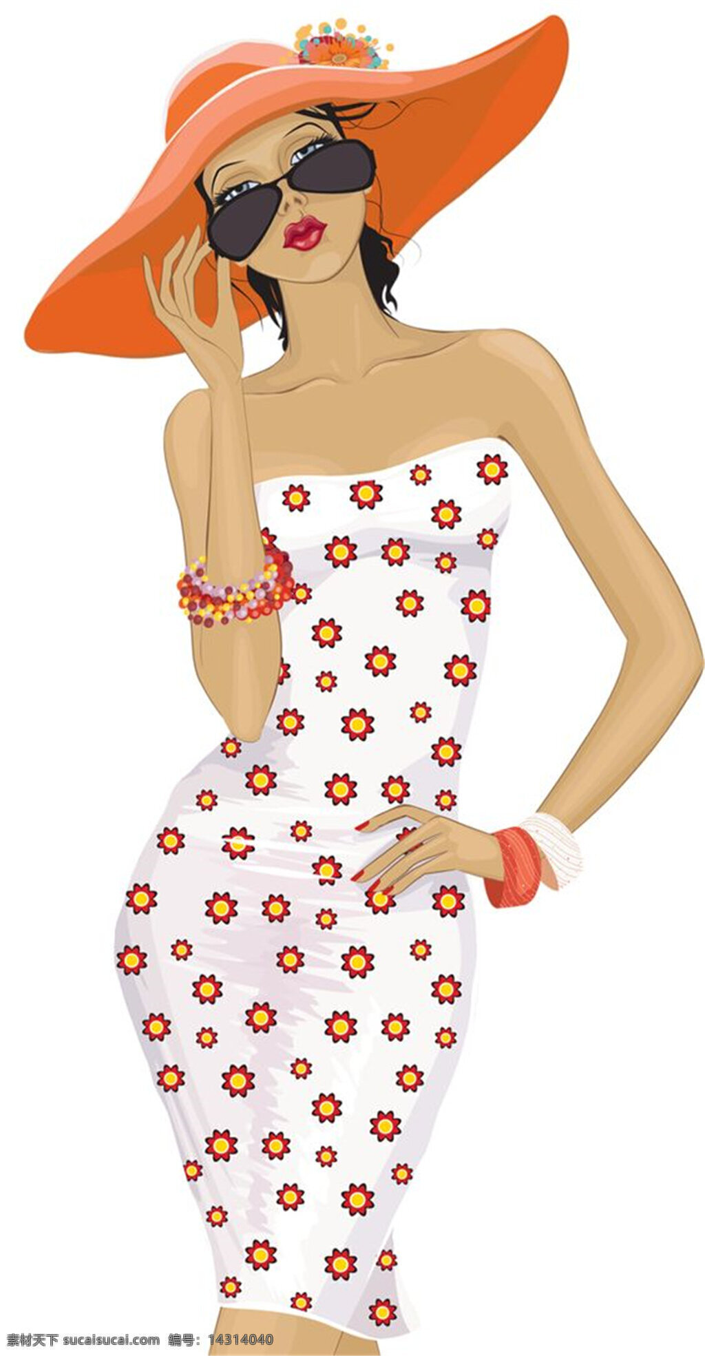 清新 雏 菊 图案 抹胸 裙 女装 效果图 橙色帽子 服装设计 服装效果图 抹胸裙 手环