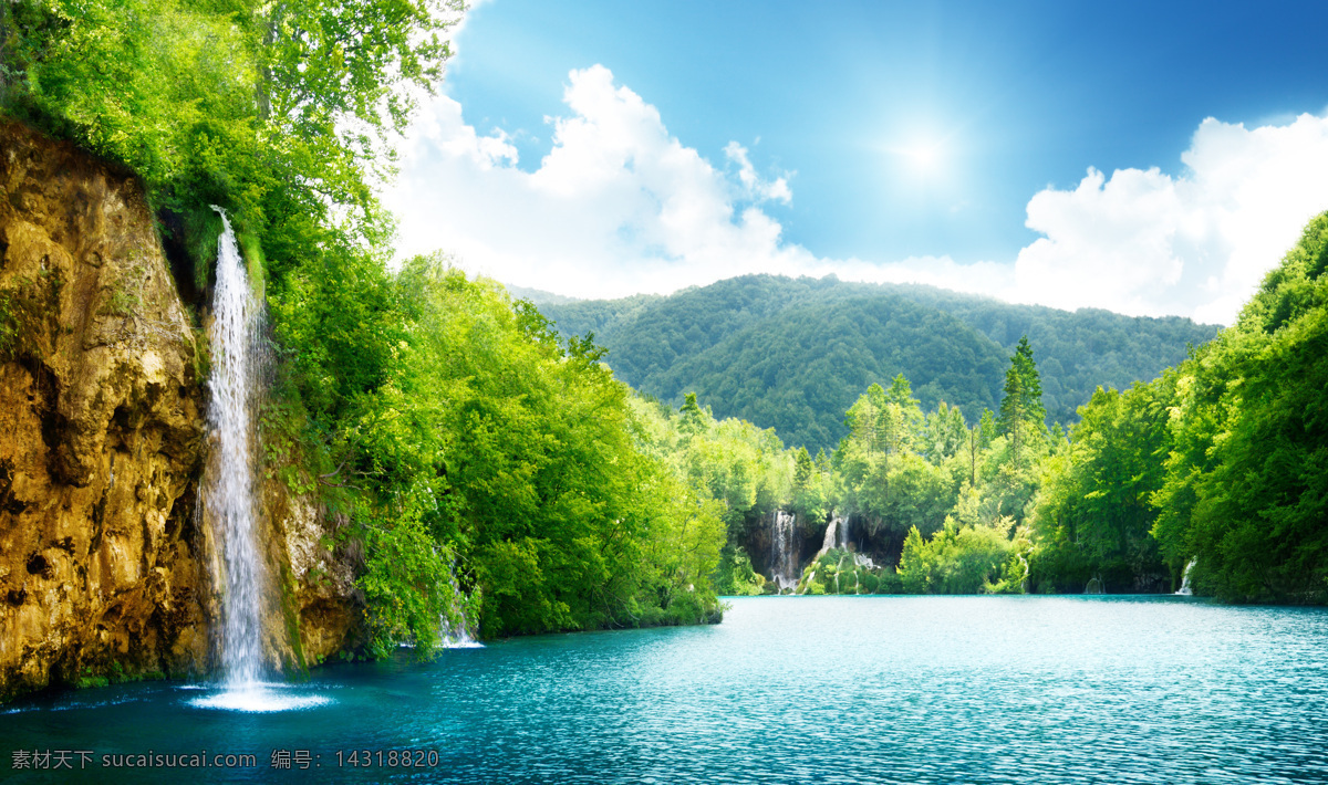 蓝天 下 湖水 白云 瀑布 树 植物 山水风景 风景图片