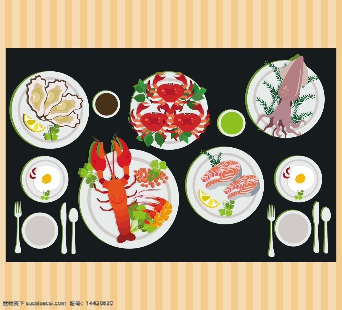海鲜 广告 各种 菜 海鲜广告 各种菜 生蚝 大龙虾 肉 鱿鱼 螃蟹 杯子 套餐 碗筷 矢量背景
