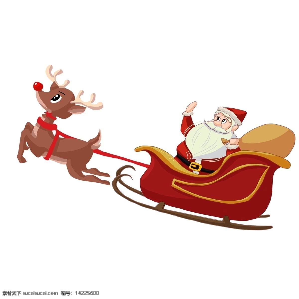 圣诞节 驯鹿 拉 雪橇 里 圣诞老人 卡通 礼物 插画 复古 小鹿 麻袋