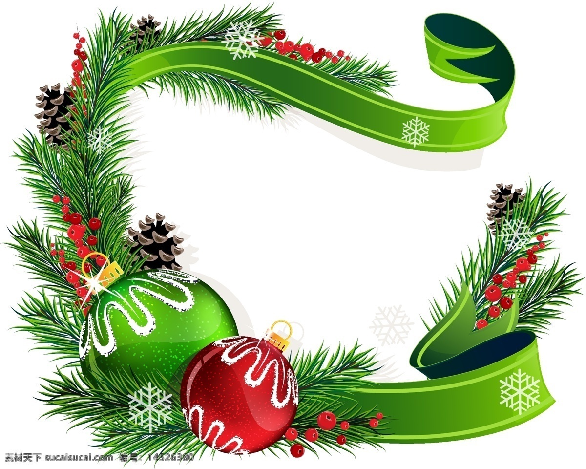 圣诞装饰元素 彩带 圣诞装饰 松树枝 节日素材 圣诞球 松子 白色