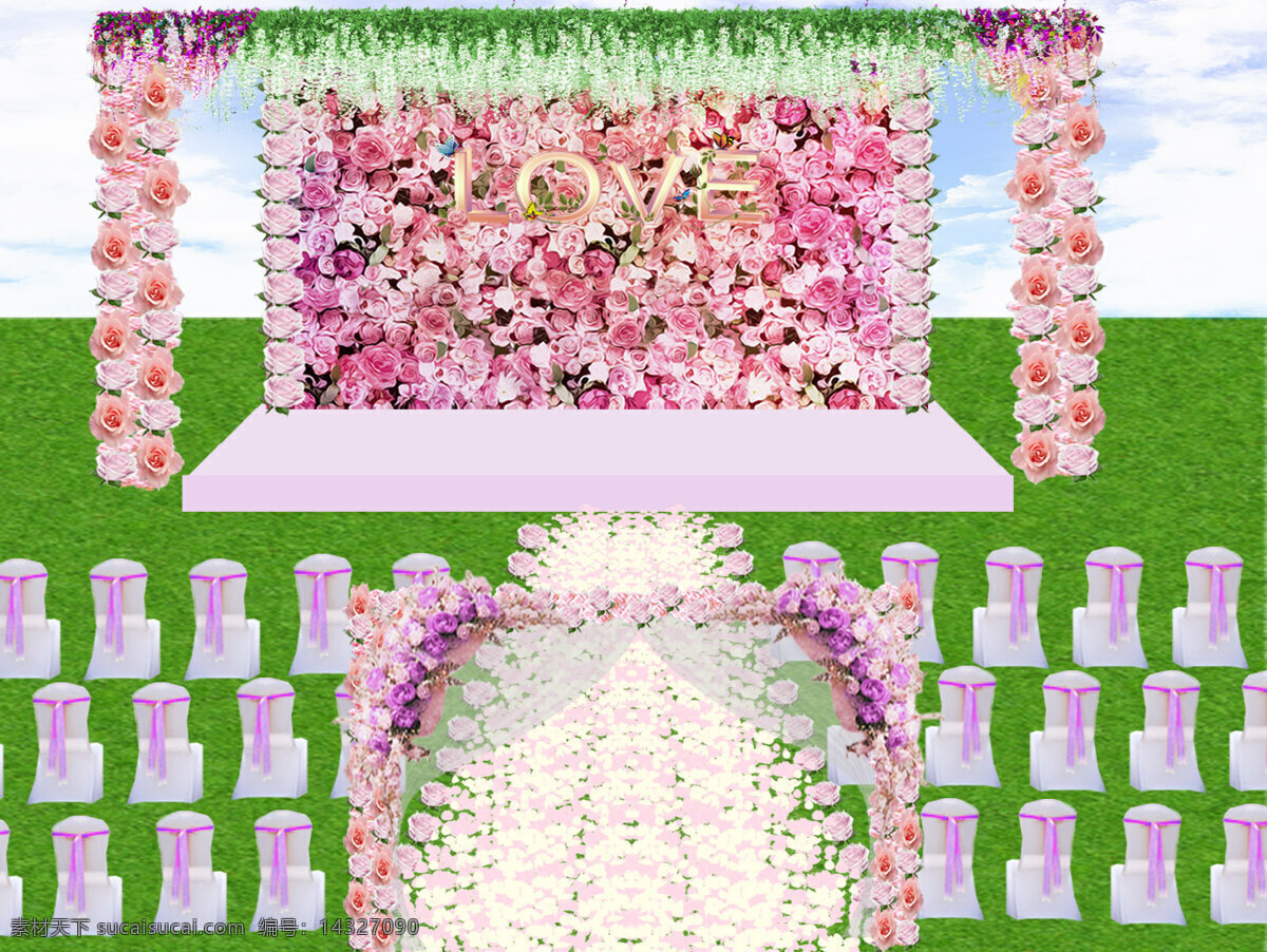 森系婚礼 草坪 鲜花 婚礼 粉色 紫色 主题 白色