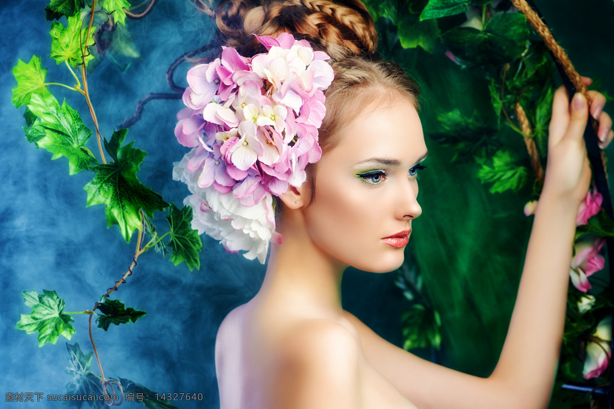 头 戴 鲜花 美女图片 花朵 植物 美女 女人 女性 外国女人 人物 模特 外国人物 人物图片
