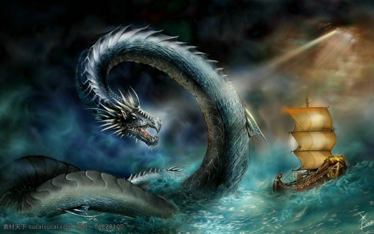 蛟龙出海 龙 巨龙 高清壁纸 青龙 出海 巨浪 神话故事 传说 帆船 绘画书法 文化艺术