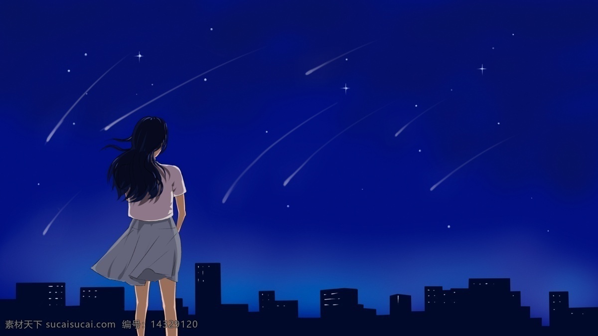 午夜 城市 屋顶 观看 星空 少女 原创 插画 建筑 流星