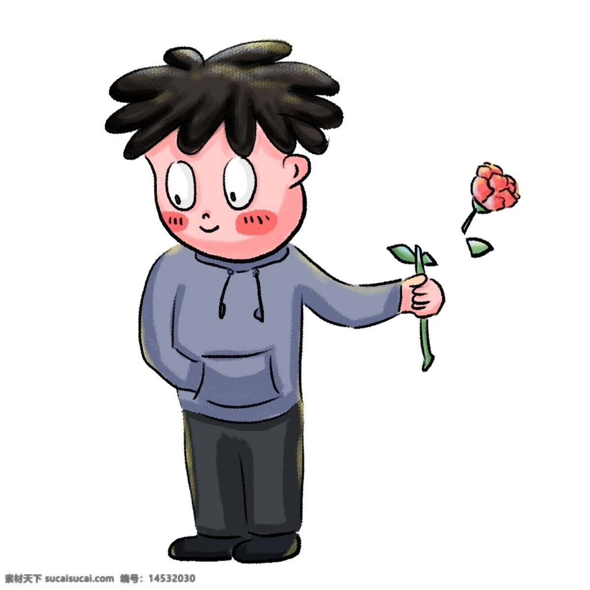 男孩 献花 手绘 插画 鲜花 花 红花 花朵 玫瑰 男子 宅男 害羞 脸红 卫衣