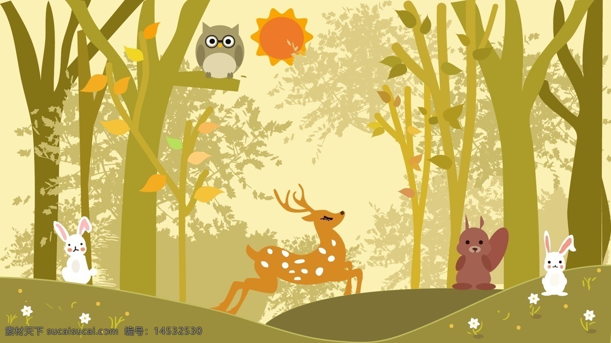 卡通 儿童 插画 动物 日常 树林 植物 兔子 猫头鹰 矢量插画 麋鹿