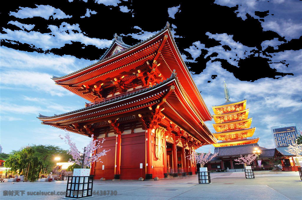 清新 红色 楼 塔 日本旅游 装饰 元素 白云 楼塔 清新风格 天空 装饰元素