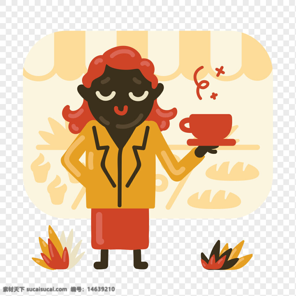 面包店 咖啡 插画 抽象 红发 黑人 服务员 手绘 卡通 场景 简约风格 黄色外套 粉色裙子 自然元素 食品