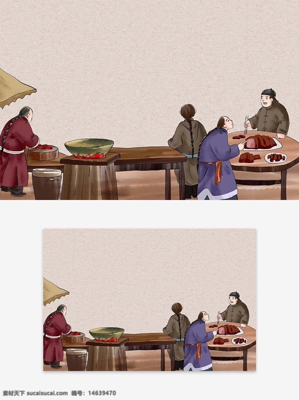 古代 手绘 插画 木桌 伞下 摆摊 兄弟 聚会 喝酒 吃肉 美食 市集 生活方式 餐桌 聚餐