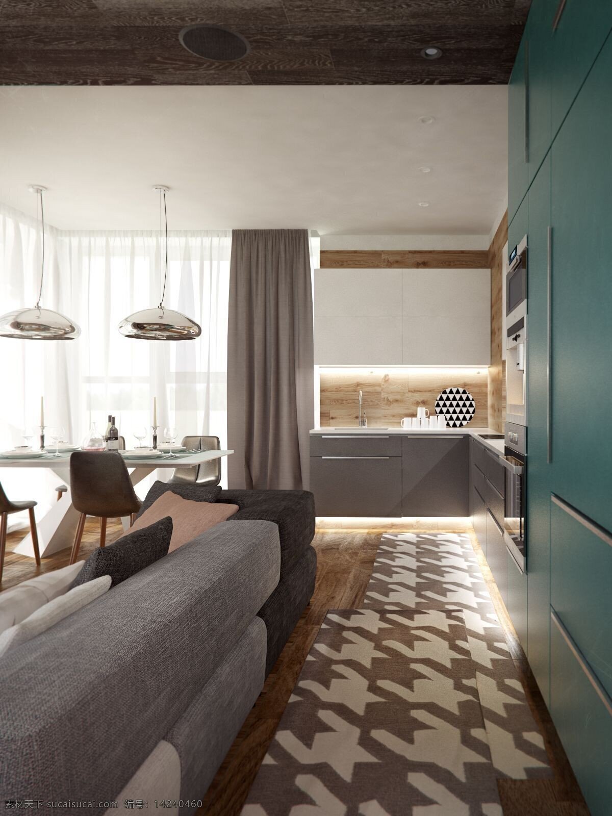 日式 温馨 客厅 褐色 花纹 地板 室内装修 效果图 灰色沙发 客厅装修 蓝绿色背景墙